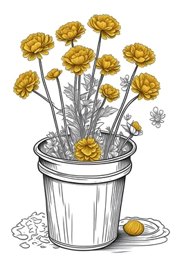 outline art for marigold flowers in a bucket on a rough ground, white background, Sketch style, full body, only use outline, toddlers style, clean line art, white background, no shadows and clear and well outlined.