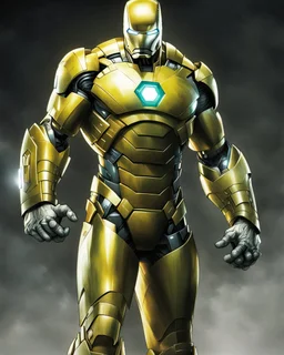 Super Iron Man, and yellow armor, kryptonite powered, built by wayne enterprises, batman,