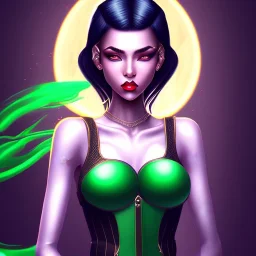 fantasy setting, woman, dark-skinned, black and green hair