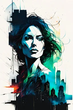 create an abstract portrait illustration of a female face with an overlay of an inner city landscape , highly detailed , in the comic art style of FRANK MILLER and BILL SIENKIEWICZ, searing lines and forceful strokes, boldly inked, with gritty textures, vibrant colors, dramatic otherworldly lighting