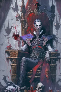 Strahd von Zarovich drinking wine upon a throne of skulls