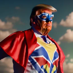 realistic image of donald trump as a mexican wrestling fighter posing outdoors, Mexican eyes wrestling mask, red and blue breeches, flag cape, retro style, 80s, vibrant color, highly detailed, sky background, concept art, unreal engine 5, god rays, ray tracing, RTX, lumen lighting, ultra detail, volumetric lighting, 3d, finely drawn, high definition, high resolution.