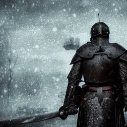 Man standing. Heavy armor. Sword in hand. Dark theme. Medieval castle. Raining cold. Princess in the distance.