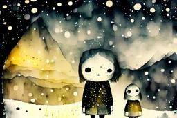 double exposure, merged layers, Covered Mountains in snow cold winter at night, styles of Paul Klee Dee Nickerson and Tim Burton, cute chibi scary monster, melting watercolor and black ink outlines on wet paper, soft, shading strokes, in sunshine, ethereal, otherwordly, cinematic postprocessing, bokeh, dof