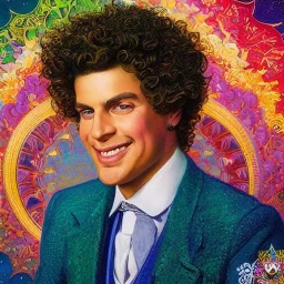 Yung gravy, his highly detailed, amused and handsome dimpled face, his multi-hued curly hair; multidimensional pointillé; by lisa frank, daniel gerhartz, phil noto art, mucha, manara; hyper-detailed, hyper-realistic, sharp focus; symmetrical face; textured shading, subtractive lighting, unreal engine