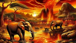 Create an enchanting image of a surreal landscape where metallic elephants roam amidst dancing flames shaped like serpents. The radiant metal contrasts with the fiery intensity, blending nature and artifice in a magical harmony. Capture the essence of this fantastical scene where reality and imagination seamlessly merge.