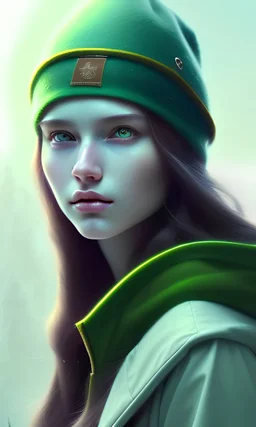 girl, cute, beautiful, long hair, wavy hair, green hair, blue eyes, green beanie, green coat, black tee shirt, head and shoulders portrait, 8k resolution concept art portrait by Greg Rutkowski, Artgerm, WLOP, Alphonse Mucha dynamic lighting hyperdetailed intricately detailed