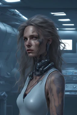 science fiction scene like cyberpunk on mars 40 years old woman long hair ultrarealistic wet skin, clear sky, tattos photorealistic, wind is blowing, tanned skin collarbones,