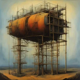 numbed with trivialities, surrealism, by Max Ernst and Zdzislaw Beksinski organic and mechanical elements, oil on canvas, weird, quirky, creepy, minimalist, scaffolding of an incomplete creature in the process of being made biomechanically