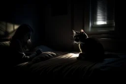 Woman sleeping in a dark room with a black cat. Moonlight filters through the window. Calming atmosphere.