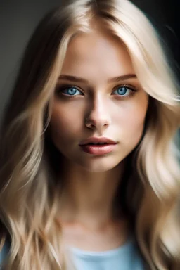 White Caucasian Blonde Young Woman with Blue Eyes, full lips, and long hair, unblemished and flawless.