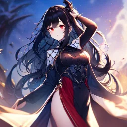 Clear focus, high resolution, black long fluffy hair, red eyes, wearing a detailed outfit