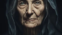 gloomy-looking Elderly hungarian woman, clad entirely in black attire and european black head scharf, exuding a gloomy aura, witch, somber tones, ultra fine detail, high detalied, professional photo, high quality, high textures. mystic and good aura, pale light in background