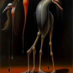 sepsis metaphoric image with very long legs, failing the biomorphic Ibis inquisition, surreal, sinister, profound, dramatic, oil painting, fantastical, by Ray Johnson and Duy Hunyh