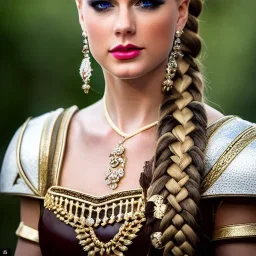 beautiful young queen with white armor, delicate white braided hair with ponytail, glass eyes, highly detailed, 8k, ambient light, taylor swift, keep head in frame