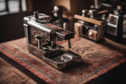 A photo of an espresso machine made by Islamic rug pattern design backlit with a full depth of field