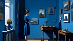 A female figure standing in a room with blue walls, a small table with objects on it, and a painting within the painting on the wall