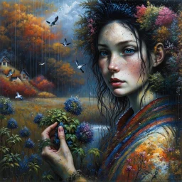 Richly textured Hieronymus Bosch, Catrin Welz-Stein, William Turner, Zdzisław Beksiński, Jacek Yerka oil on canvas zentangle line art style mix, surreal frosted fantasyland winter oceanscape, hoarfrost on trees, high grasses, snow and cottages, withered flowers, pale sunrise; paint splatter, beautiful vibrant colors, reflections, SK, flying seagulls, dramatic clouds, snowfall.