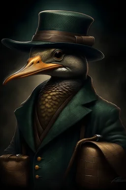 a fantasy art picture of a mallard in a bowler hat wearing a dark tweed coat with a doctors bag in one