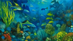 A blue underwater coral reef with fish painted by Paul Gauguin