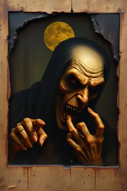 pin hole cam, master oil painting by Rembrandt, good afternoon bitch scary vampire stylistic poster