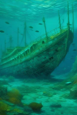 A teal underwater shipwreck designed in ancient Roman mosaics painted by Birge Harrison
