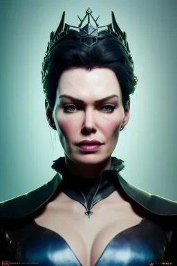 Lena Headay as evil queen in black leather, busty, cleavage, voluptuous, Aqua Lene, angry, stern look. character design by cory loftis, fenghua zhong, ryohei hase, ismail inceoglu and ruan jia. unreal engine 5, artistic lighting, highly detailed, photorealistic, fantasy