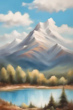 adults oil painting of a mountain landscape with a clear blue sky and fluffy white clouds, style=oil painting, no outline , splashes of colors