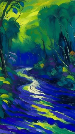 A purple jungle with a poisonous river painted by Claude Monet