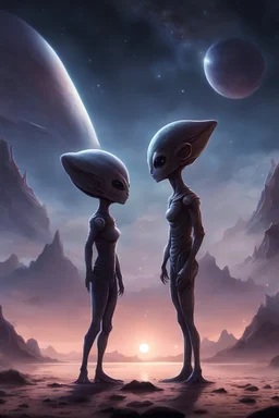 Alien couple in another universe looks in the distant sky cute cawai