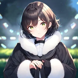 Clear focus, High resolution, fluffy black short hair, dark green eyes, wearing a black sailor uniform and pleated black skirt, fluffy hair, detailed outfit