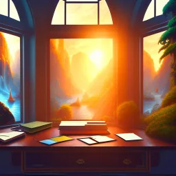 desk, parquet, paper, little pen, in front of one huge bay window with large view on a waterfall with warm light, sunset ,pixar style, panorama, nature, globe, HD