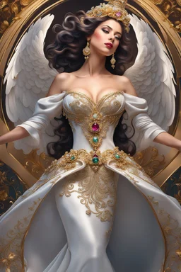 Photography realistic Beautiful Queen Angel wearing a magical gown of swirly flowing marble water gold filigree curlicues, flowering flowers, bloom, sparkle, ornamental gilt, diamonds, rubies, emeralds, sapphires, beautiful, delicate, intricate, elegant, graceful, shiny, Hyperrealism, Rococo, expressive, spherical, zoom out, volumetric lighting