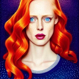 Deborah ann woll, her striking perfectly detailed clear eyes, her perfect, precisely detailed lightly freckled face, meticulously detailed long curly multi-hued ginger carrot cherry fire red hair, luminous colorful sparkles; by james r. eads, gawki, rajewel, tania rivilis, dan mumford, lisa frank, artgerm, greg rutkowski, alphonse mucha and william-adolphe bouguereau; glitter, airbrush, octane render, volumetric lighting, 16k, photorealistic digital painting, artstation, smooth, sharp focus, col