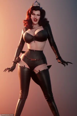 Rita Hayworth as evil queen in black leather, busty, cleavage, curvy, angry, stern look. character design by cory loftis, fenghua zhong, ryohei hase, ismail inceoglu and ruan jia. unreal engine 5, artistic lighting, highly detailed, photorealistic, fantasy