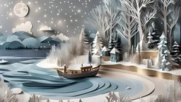 paper craft, a magical winter landscape with a lakeshore