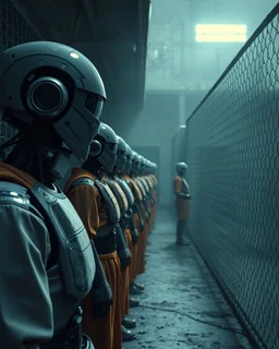 Bosch painting style, nightmare , Ai robot as prison guards watching a human prisoners lined up in line one after another inside a prison yard great quality picture with cinematic scenes ,