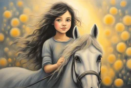 black light art, dramatic oil painting, flowerstorm, shading pastel and charcoal, cute chibi mohair brunette golden eyed happy woman with a horse in sunshine