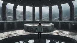 woman standing inside the interior of a ruined alien spaceship, with a circular window, overrun with mushrooms with jellyfish tentacles