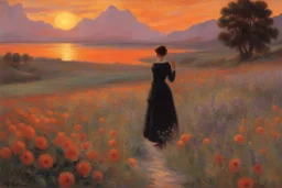 beautiful sunset, one woman looking a flowers, mountains, pathway, gothic disturbing influence, witchcraft influence, rodolphe wytsman, jenny montigny, and friedrich eckenfelder impressionism paintings