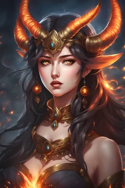 Beautiful girl in 8k anime realistic drawing style, demon horns, fire, close picture, apocalypse, intricate details, highly detailed, high details, detailed portrait, masterpiece, ultra detailed, ultra quality