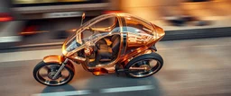 seen from above, tattoo style, motion blur, airbrush art, elon musk riding inside an awesome standing cyberpunk trike spaceship in copper with wing doors and holes in the roof for the arms, fast one in the shape of a transparent snail , now its gonna do an awesome gig , bokeh like f/0.8, tilt-shift lens 8k, high detail, smooth render, down-light, unreal engine, prize winning