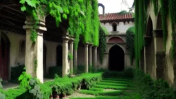 Cloister of an old abandoned monastery where maroon-leaved vines and grapes grow. Still living inside, some saddened monks