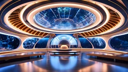 futuristic fantastic symmetrical circular spaceship, interior view, year 2060, night, beautiful, colorful, totally symmetrical design, style Shigeru Ban, cosmic innovative architecture, award-winning photograph, awesome, serene, inspiring, spiritual, impressive, cinematic lighting, epic composition, photorealism, very high detail, Unreal Engine, Octane render, HDR