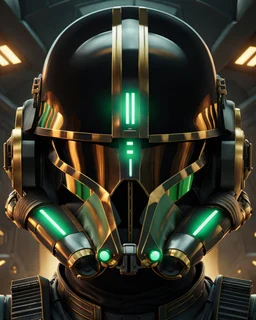 star wars bald male corellian pilot wearing black and bright gasoline green First Order special forces TIE pilot commando armored flightsuit and helmet with gold trim inside the jedi temple, centered head and shoulders portrait, hyperdetailed, dynamic lighting, hyperdetailed background, 8k resolution, volumetric lighting, light skin, fully symmetric details