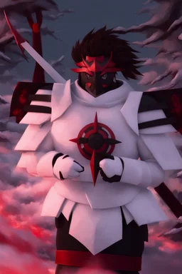 The character, in a striking white armour against a wintry backdrop stands with his hands behind his back inside the scene, he has a red and black circular symbol on his chest like a shield, a black pointed spear with a red handle on his back, His eyes are showing a dynamic expression and he wears a black oni mask with white teeth on it covering the bottom part of his mouth he has brown shoulder pads and a white belt with a bag attached to it. He has dark brown hair, he does not wear a helmet.