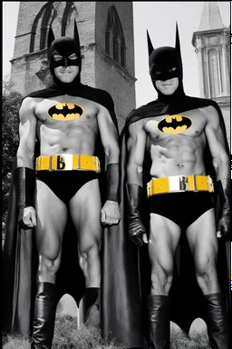 an extremely muscular version of the Adam West Batman and the Burt Ward Robin with the word (("BATMAN & ROBIN")) across the top