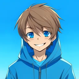 Brown hair anime boy with blue hoodie smiling face view blue backround