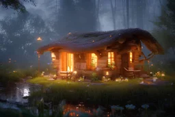 "cute little mushroom house" over an old rotten trunk with orchids in a blue dark night and warm light inside with magical ethereum light, and lots of fireflies