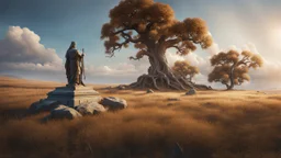 An endless steppe with ancient white oaks and one crumpling statue. fantasy concept art, exquisite realism, a masterpiece, dynamic lighting, hyperdetailed, intricately detailed, deep color, Unreal Engine, volumetric lighting , Epic cinematic brilliant stunning intricate meticulously detailed dramatic atmospheric maximal,